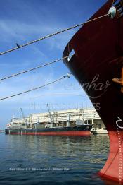 Image du Maroc Professionnelle de  Chargement d'un bateau avec du phosphates au port de Casablanca sur les quai du Groupe OCP (L'Office chérifien des phosphates). Le Groupe OCP est une Société anonyme fondée en 1920 et domiciliée au Maroc. Groupe OCP est le leader mondial des exportations des phosphates et produits dérivés, Lundi 24 Septembre 2007. (Photo / Abdeljalil Bounhar)